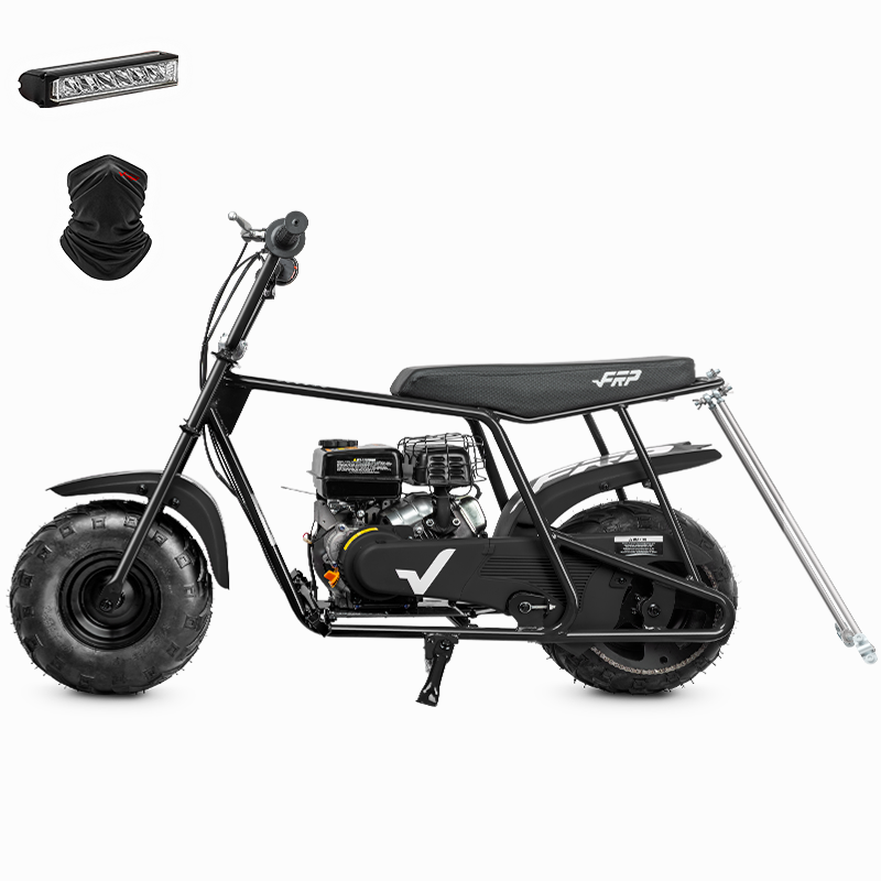 FRP GMB100U utility mini bike front view with cargo rack mounted