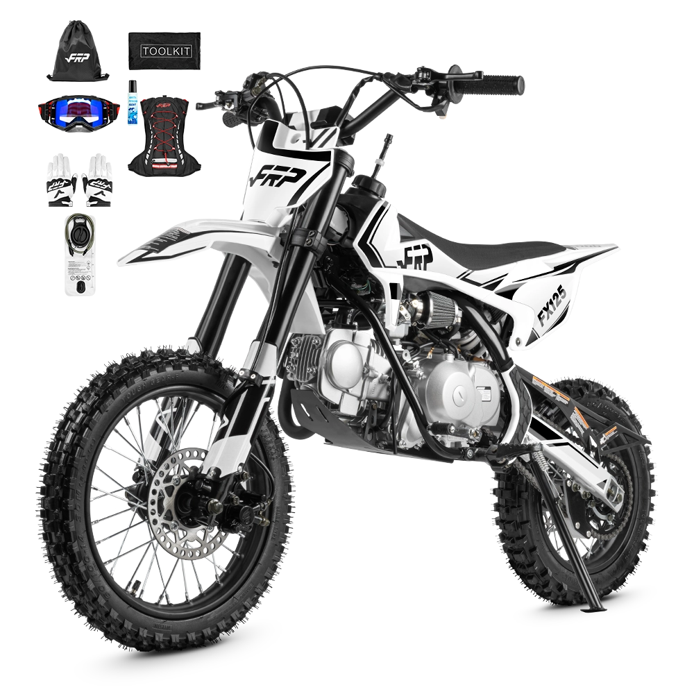 FRP FX125 125cc pit bike & dirt bike, 14″/12″ small-wheel build, white