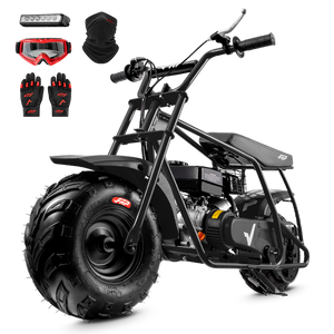 FRP GMB100 99cc gas mini bike on SunF 145/70-6 knobby tires, black, Complete Bundle pack
