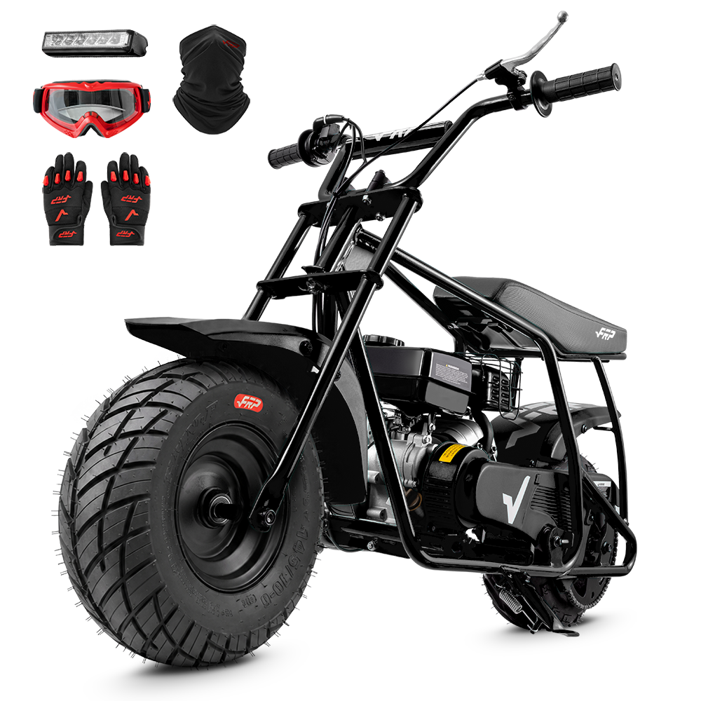 FRP GMB100 99cc gas mini bike on SunF 145/70-6 street tires, black, Complete Bundle pack