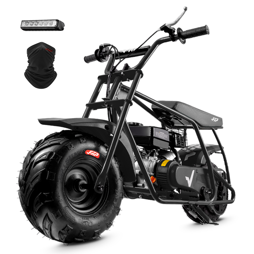 FRP GMB100 99cc gas mini bike on SunF 145/70-6 knobby tires, black, Starter Kit pack