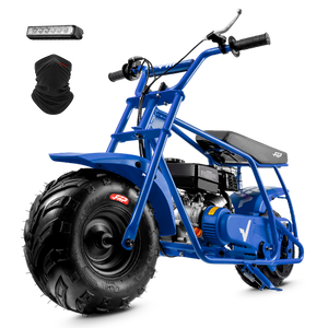 FRP GMB100 99cc gas mini bike on SunF 145/70-6 knobby tires, blue, Starter Kit pack