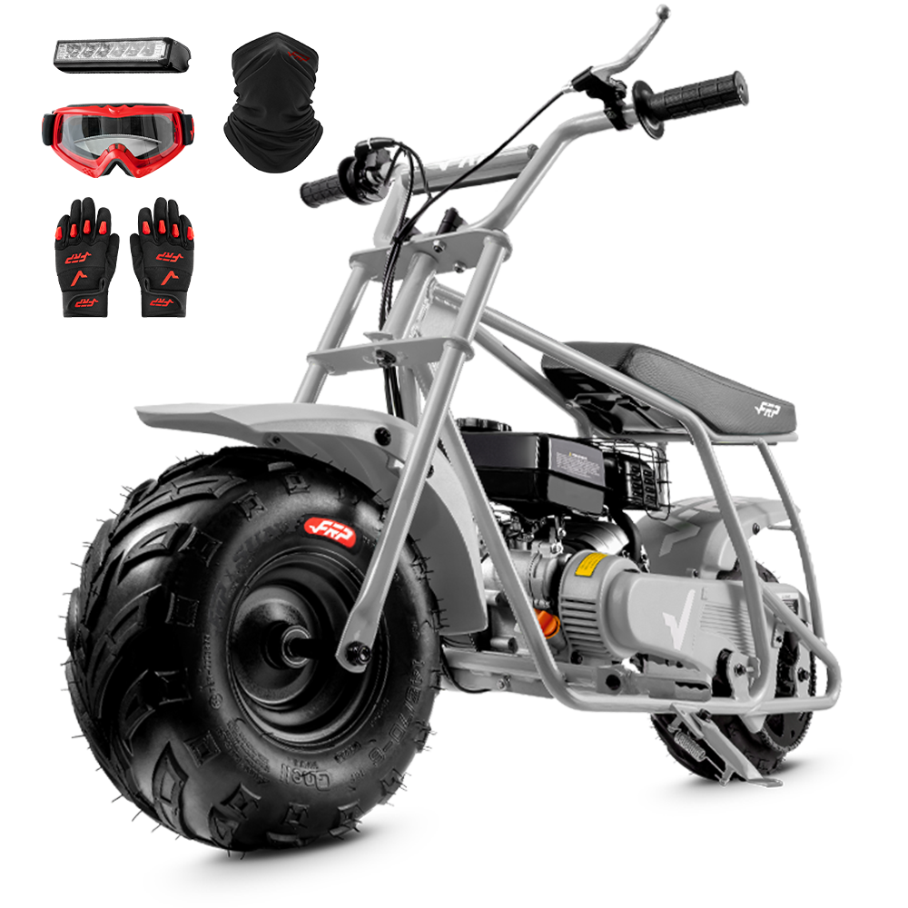 FRP GMB100 99cc gas mini bike on SunF 145/70-6 knobby tires, gray, Complete Bundle pack