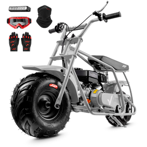 FRP GMB100 99cc gas mini bike on SunF 145/70-6 knobby tires, gray, Complete Bundle pack