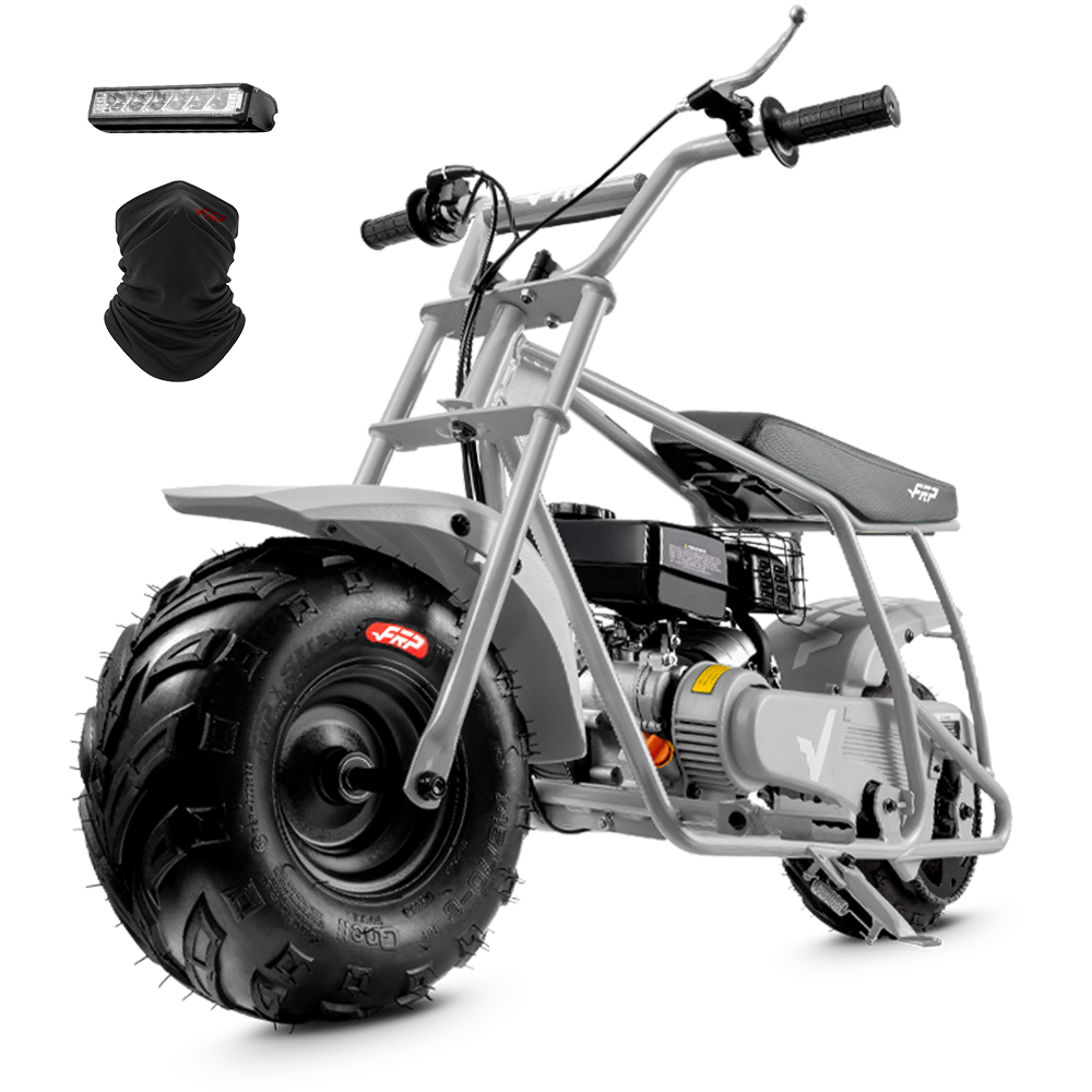 FRP GMB100 99cc gas mini bike on SunF 145/70-6 knobby tires, gray, Starter Kit pack