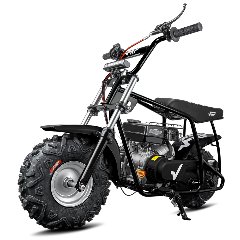 FRP GMB100P off-road gas mini bike - front suspension, hydraulic rear disc, SunF tires on OEM rims from the Honda and Yamaha wheel supplier
