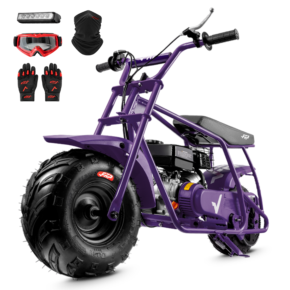 FRP GMB100 99cc gas mini bike on SunF 145/70-6 knobby tires, purple, Complete Bundle pack