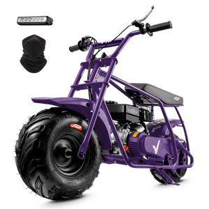 FRP GMB100 99cc gas mini bike on SunF 145/70-6 knobby tires, purple, Starter Kit pack
