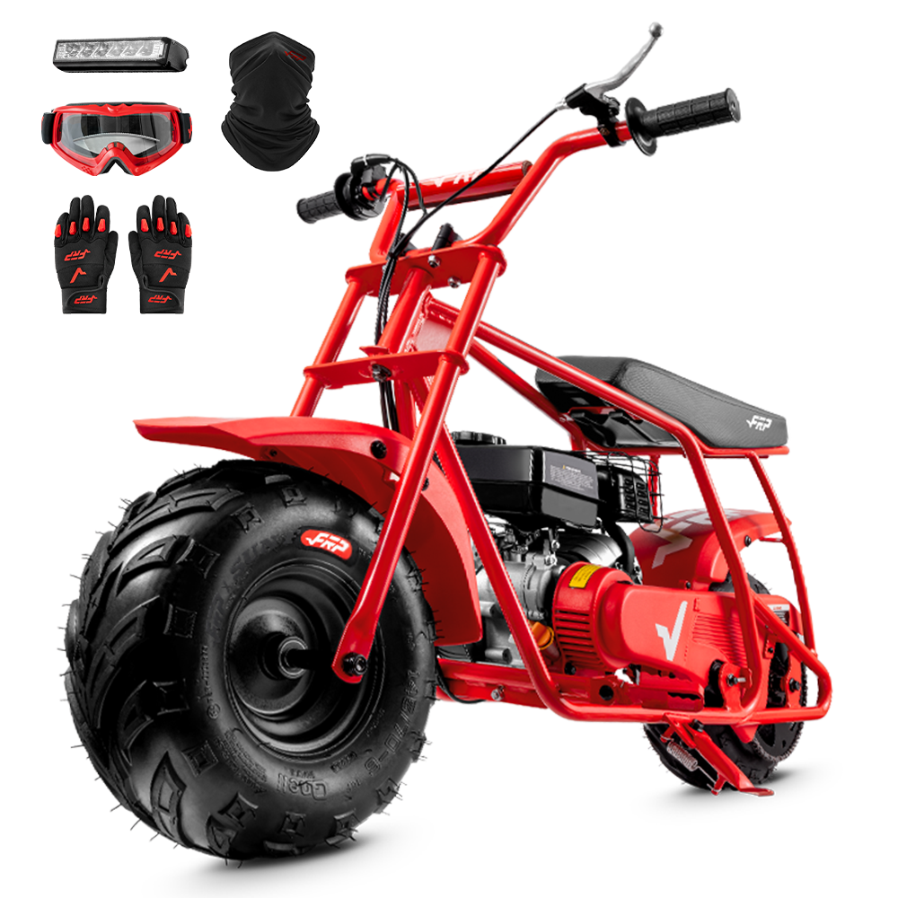 FRP GMB100 99cc gas mini bike on SunF 145/70-6 knobby tires, red, Complete Bundle pack