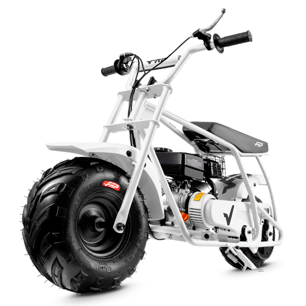 FRP GMB100 99cc gas mini bike on SunF 145/70-6 knobby tires, white, Bike Only pack