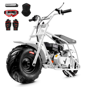FRP GMB100 99cc gas mini bike on SunF 145/70-6 knobby tires, white, Complete Bundle pack