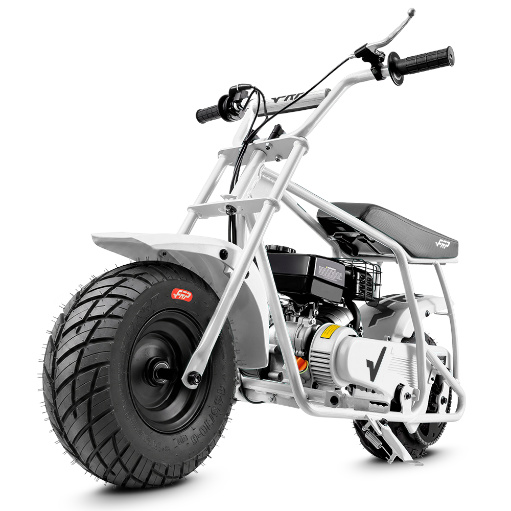 FRP GMB100 99cc gas mini bike on SunF 145/70-6 street tires, white, Bike Only pack