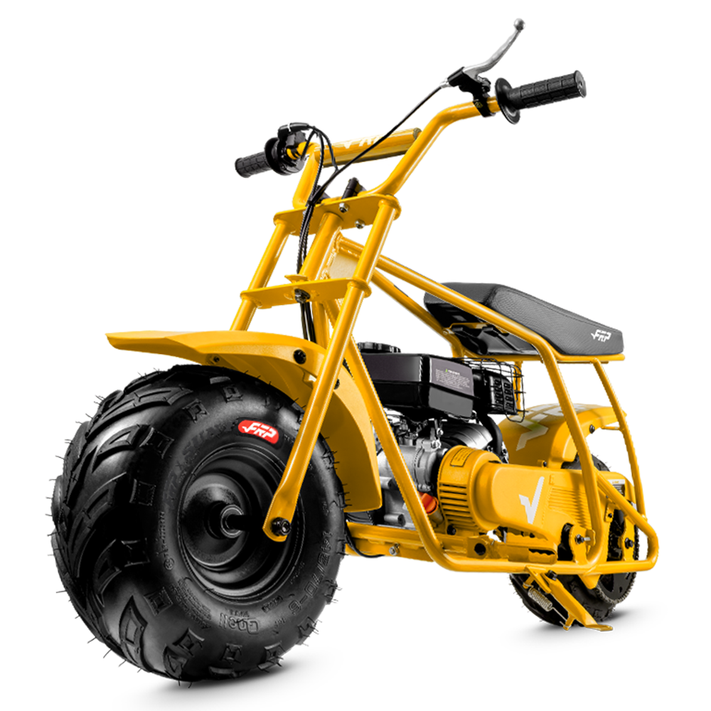 FRP GMB100 99cc gas mini bike on SunF 145/70-6 knobby tires, yellow, Bike Only pack