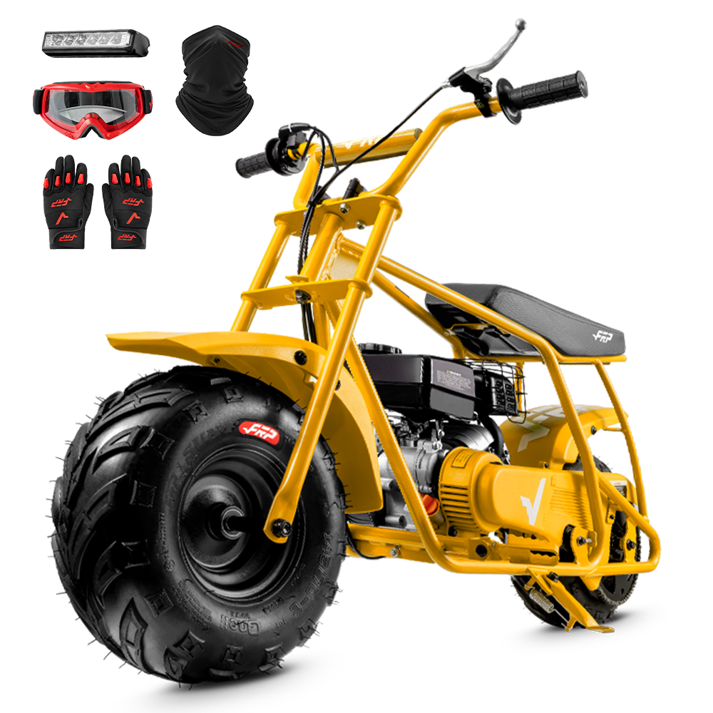 FRP GMB100 99cc gas mini bike on SunF 145/70-6 knobby tires, yellow, Complete Bundle pack