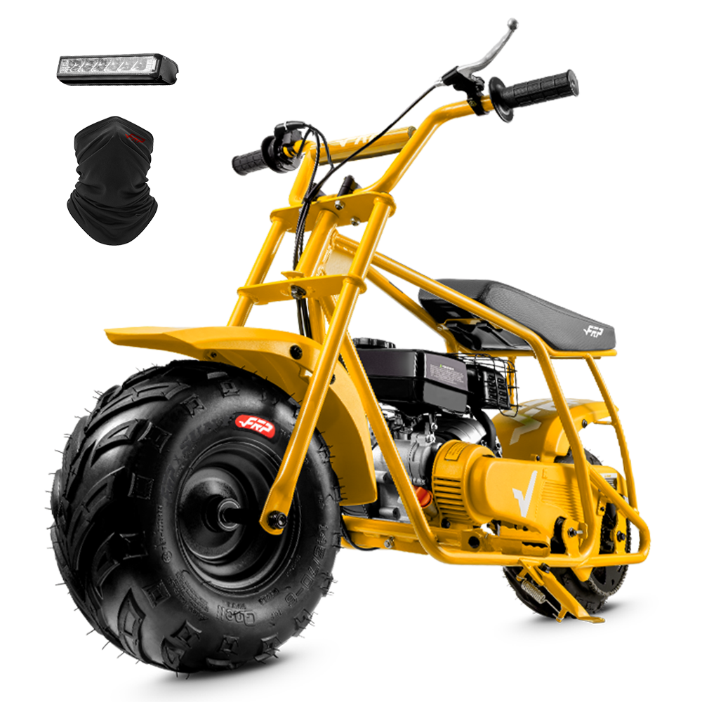 FRP GMB100 99cc gas mini bike on SunF 145/70-6 knobby tires, yellow, Starter Kit pack