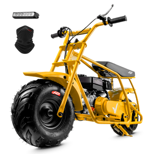 FRP GMB100 99cc gas mini bike on SunF 145/70-6 knobby tires, yellow, Starter Kit pack