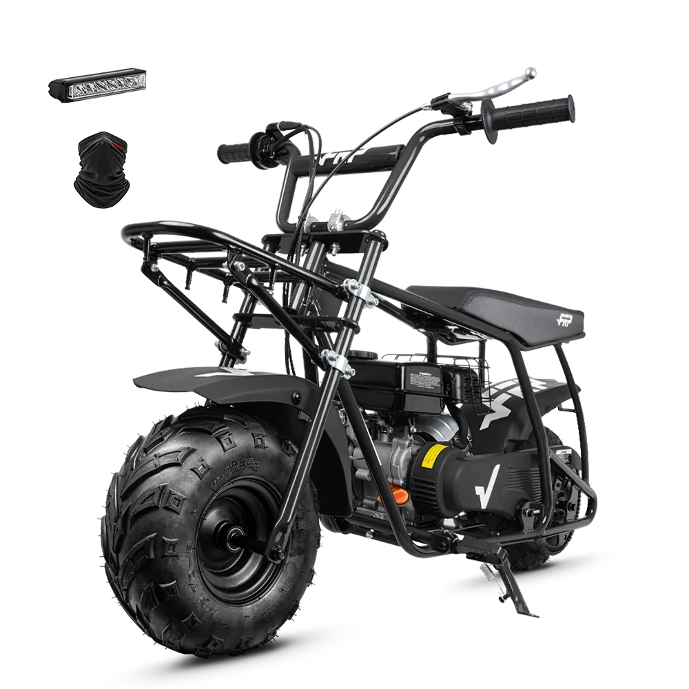 FRP GMB100U black mini bike front view showing the steel cargo rack