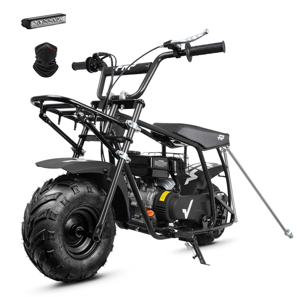 FRP GMB100U black utility mini bike with front cargo rack and rear tow bar