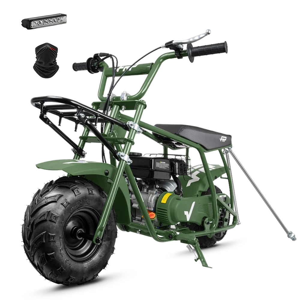FRP GMB100U green utility mini bike with front cargo rack and rear tow bar