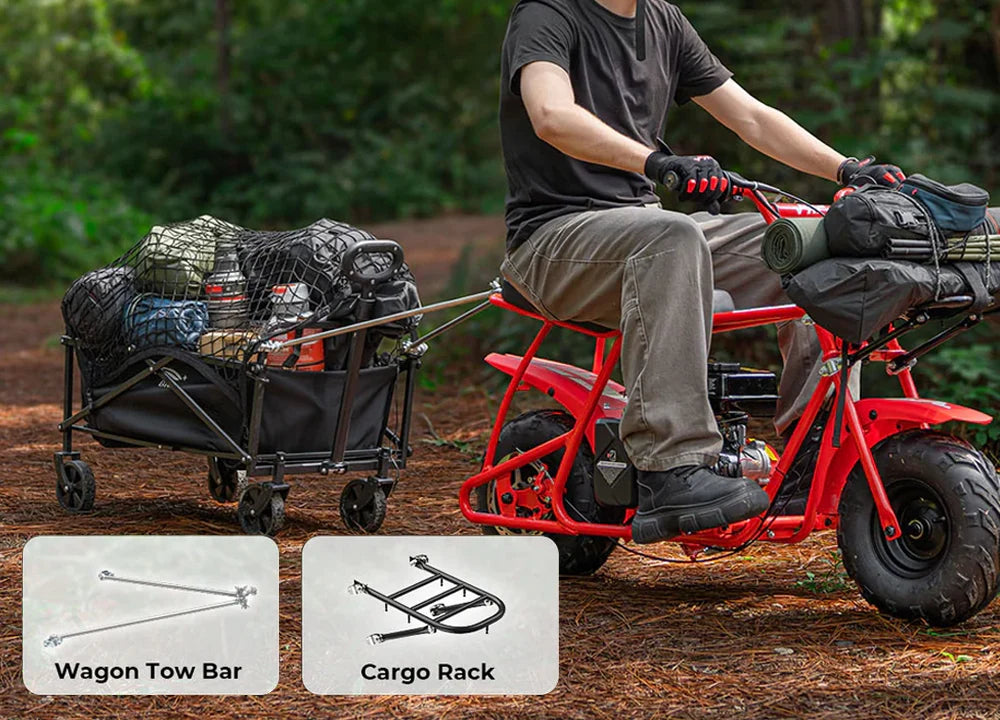 Person riding a frp gmb100 u red motorcycle with a cargo rack and wagon tow bar, surrounded by nature.