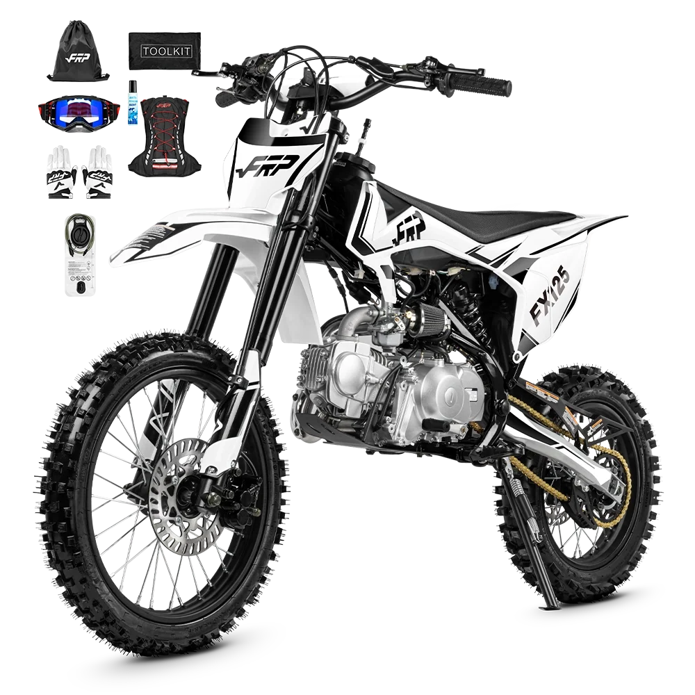 FRP FX125 125cc dirt bike, white, studio side view