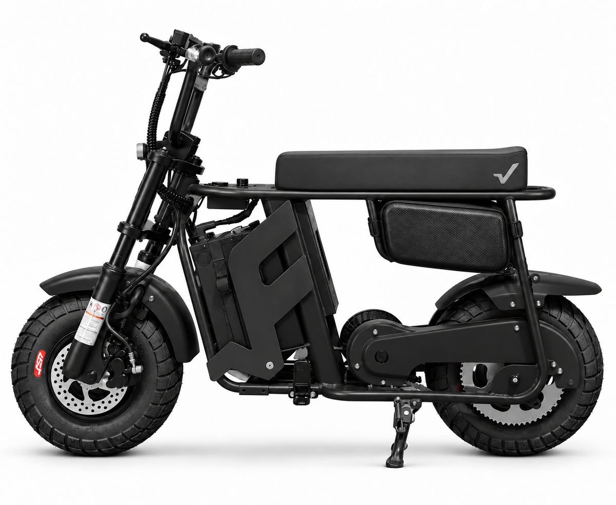 FRP M3 electric mini bike in black, full side profile studio view, showing the front suspension, hydraulic disc brake, bench seat and chain drive