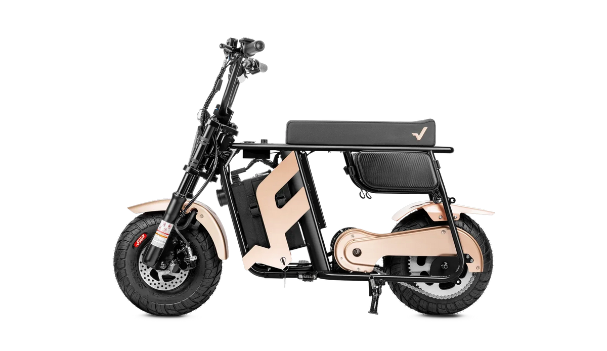 FRP M3 electric mini bike in gold, side profile studio view