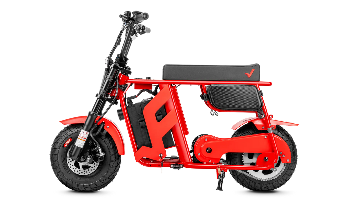Red FRP M3 electric mini bike with a low seat, wide tires and compact frame