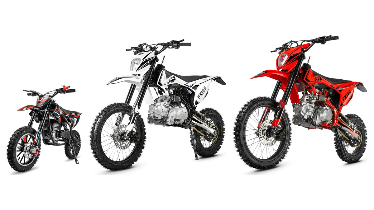 FRP Moto FX40 40cc, FX125 125cc and FX140 140cc dirt bikes side by side, studio photo