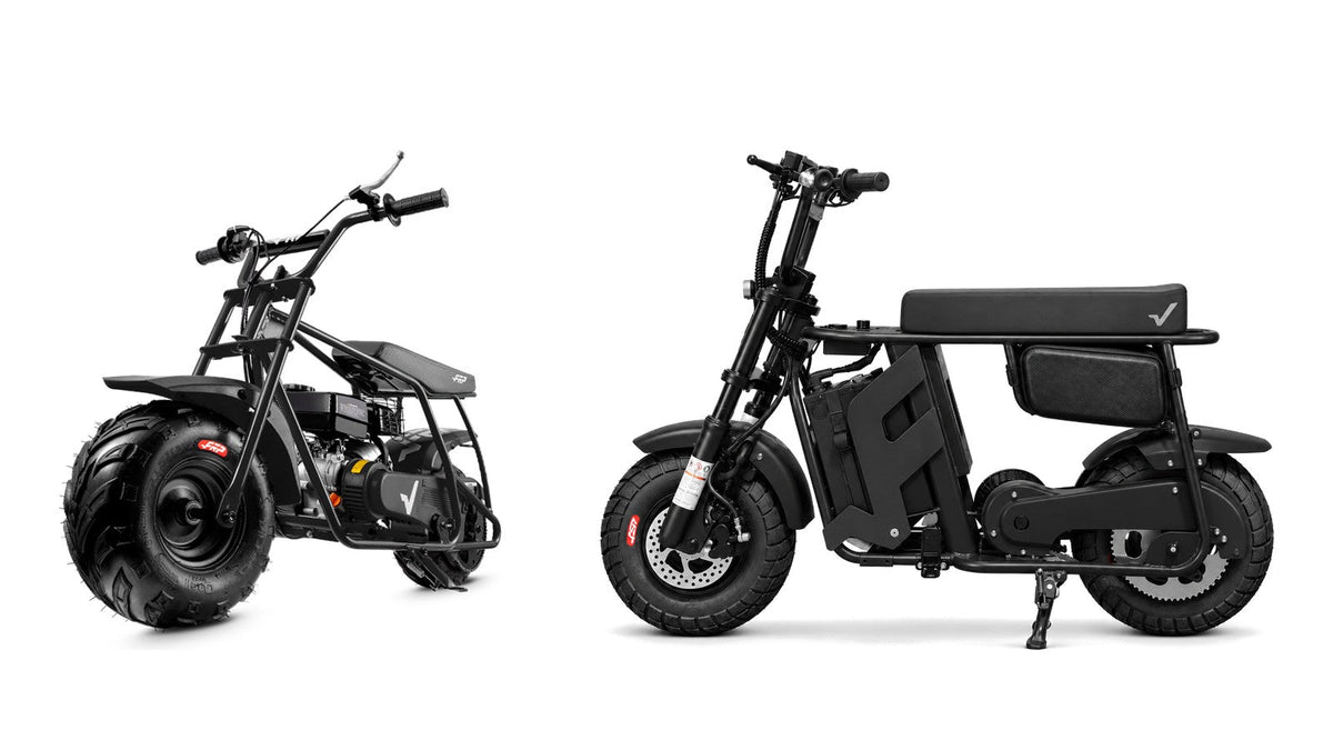 FRP GMB100 99cc gas mini bike next to the FRP M3 electric mini bike, both in black, studio view