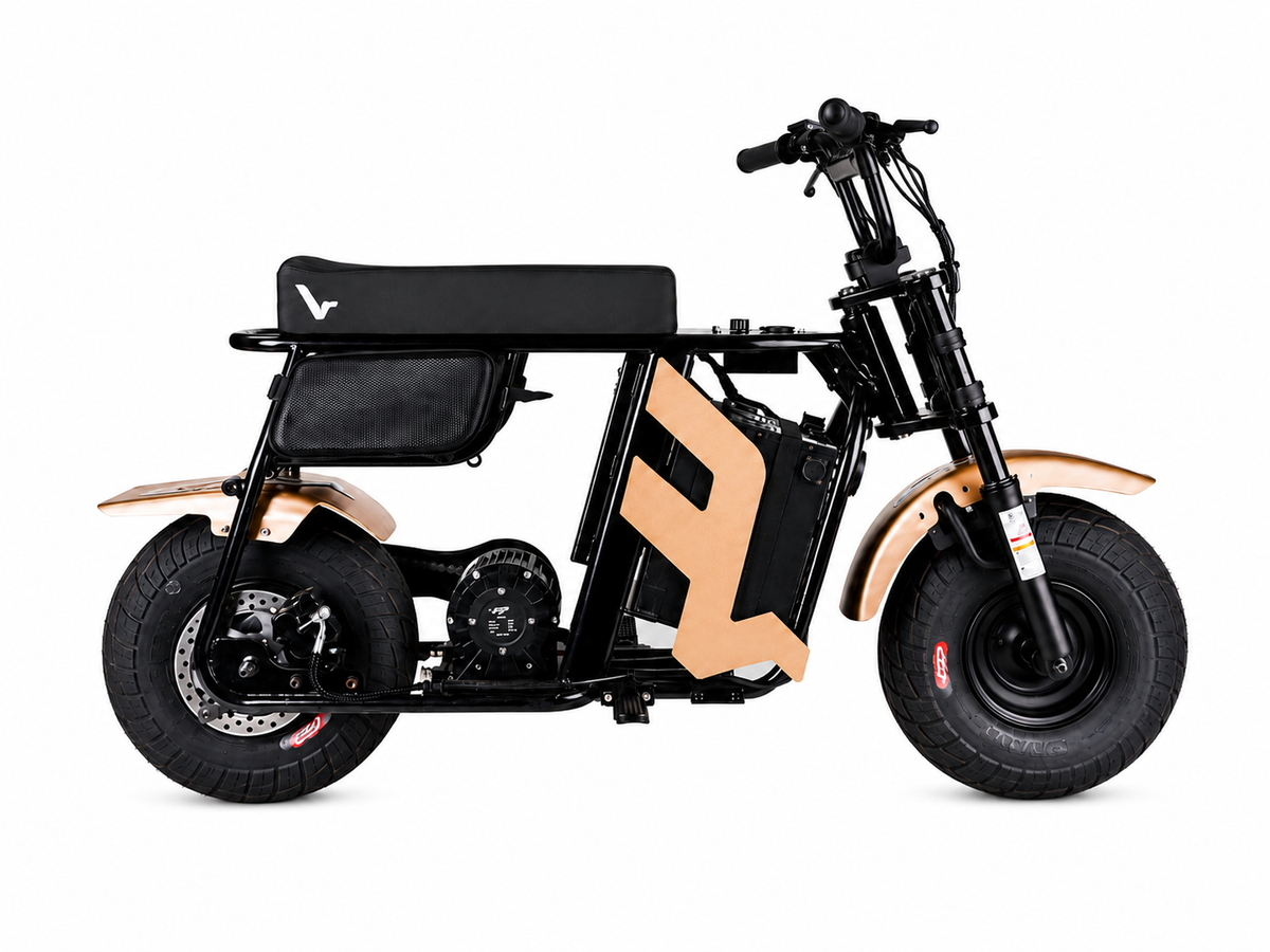 FRP M3 electric mini bike rear three-quarter view for teen gas vs electric mini bike article
