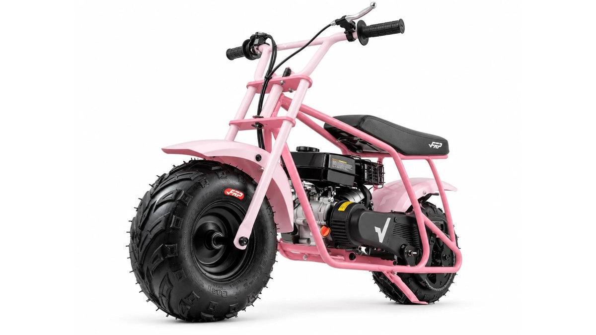 Custom pink FRP GMB100 99cc gas mini bike on a white background