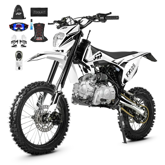 FX125 gas dirt bike in white, 17″/14″ &middot; Pro
