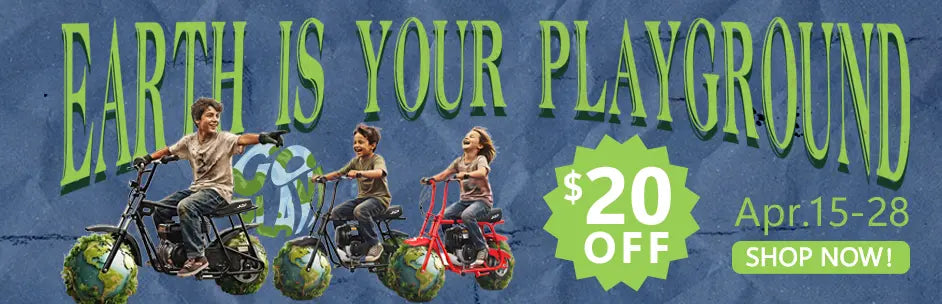 Promotional gas powdered bikes with children on bikes, Earth graphic, and discount offer on a blue background.