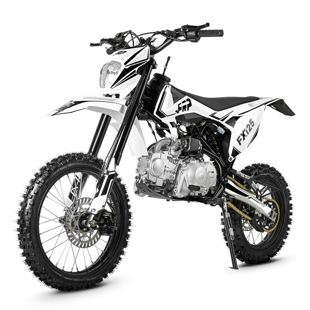FRP Moto FX125 125cc dirt bike, white and black, front three-quarter studio view