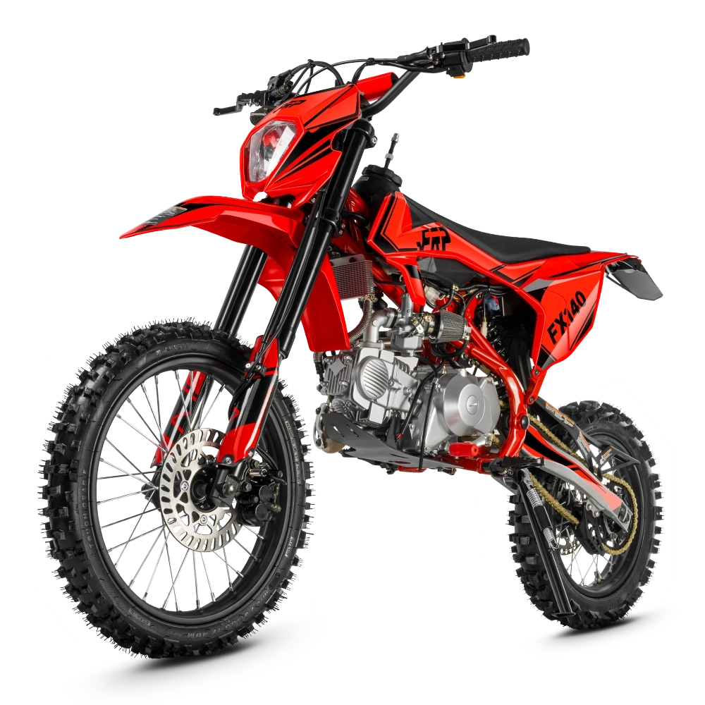 FRP Moto FX140 140cc dirt bike, red, front three-quarter studio view