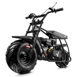 FRP GMB100 99cc gas mini bike for adults - SunF all-terrain tires on OEM rims from the Honda and Yamaha wheel supplier, 220 lb capacity