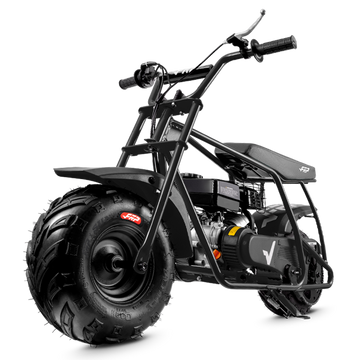 FRP GMB100 99cc gas mini bike for adults - SunF all-terrain tires on OEM rims from the Honda and Yamaha wheel supplier, 220 lb capacity