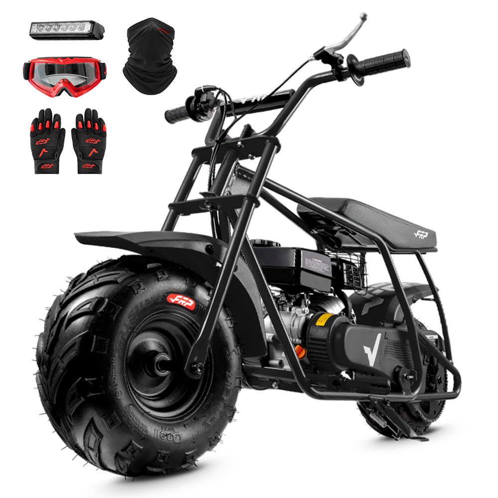 FRP GMB100 99cc gas mini bike on SunF 145/70-6 knobby tires, black, Complete Bundle pack