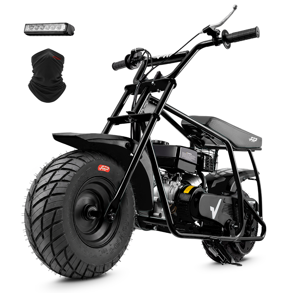 FRP GMB100 99cc gas mini bike on SunF 145/70-6 street tires, black, Starter Kit pack