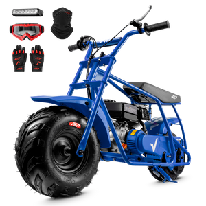 FRP GMB100 99cc gas mini bike on SunF 145/70-6 knobby tires, blue, Complete Bundle pack