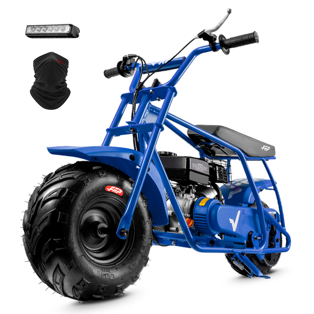 FRP GMB100 99cc gas mini bike on SunF 145/70-6 knobby tires, blue, Starter Kit pack