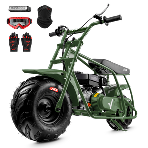 FRP GMB100 99cc gas mini bike on SunF 145/70-6 knobby tires, green, Complete Bundle pack