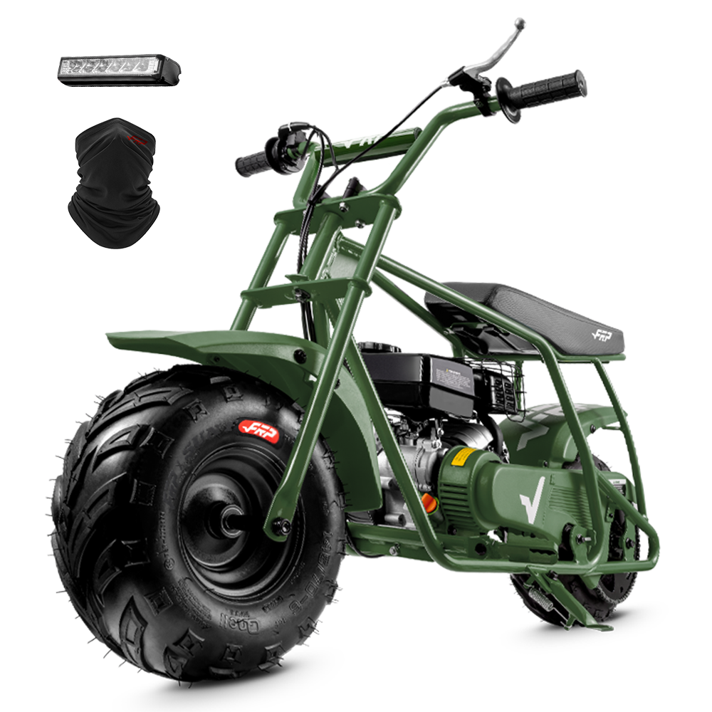 FRP GMB100 99cc gas mini bike on SunF 145/70-6 knobby tires, green, Starter Kit pack