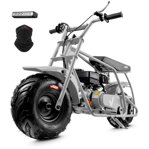 FRP GMB100 99cc gas mini bike on SunF 145/70-6 knobby tires, gray, Starter Kit pack