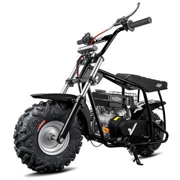 FRP GMB100P off-road gas mini bike - front suspension, hydraulic rear disc, SunF tires on OEM rims from the Honda and Yamaha wheel supplier
