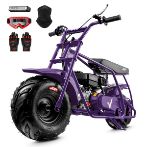 FRP GMB100 99cc gas mini bike on SunF 145/70-6 knobby tires, purple, Complete Bundle pack