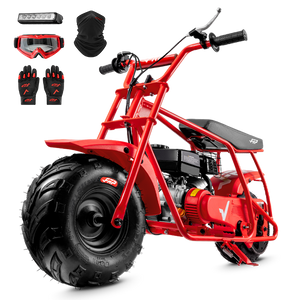FRP GMB100 99cc gas mini bike on SunF 145/70-6 knobby tires, red, Complete Bundle pack