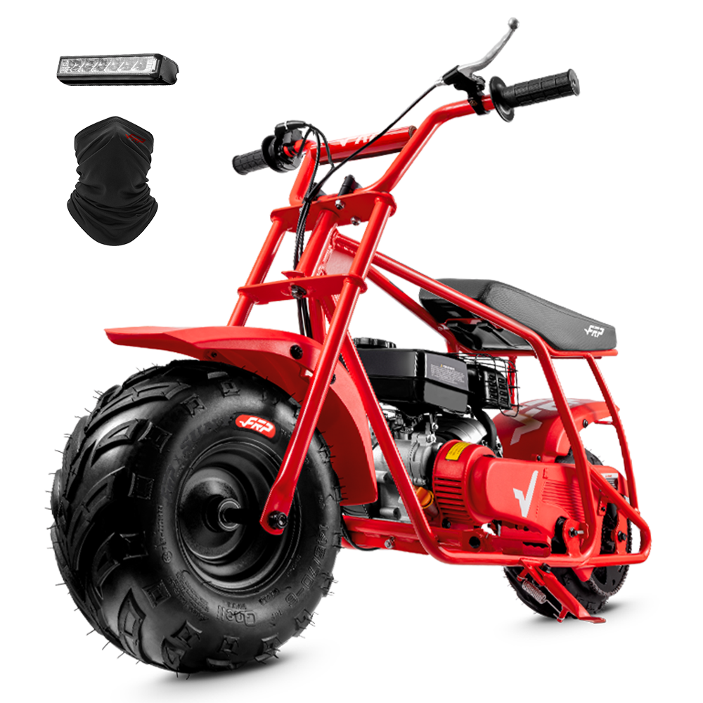 FRP GMB100 99cc gas mini bike on SunF 145/70-6 knobby tires, red, Starter Kit pack