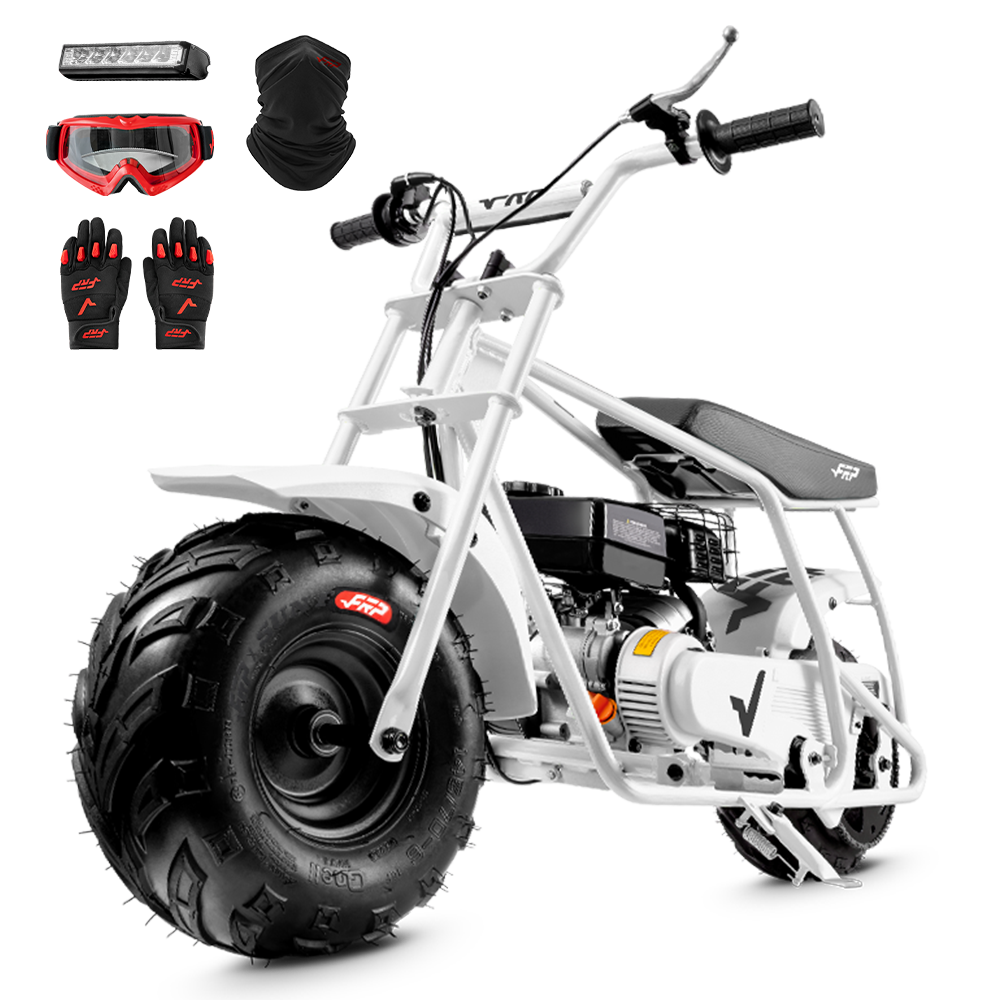 FRP GMB100 99cc gas mini bike on SunF 145/70-6 knobby tires, white, Complete Bundle pack